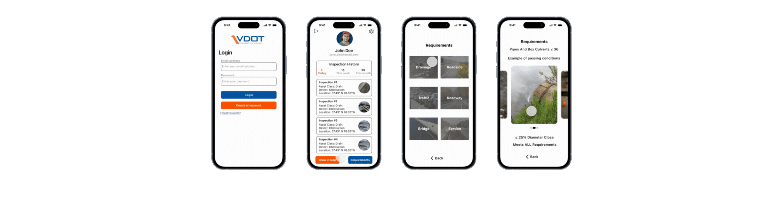 Low-fidelity wireframes for inspection screens