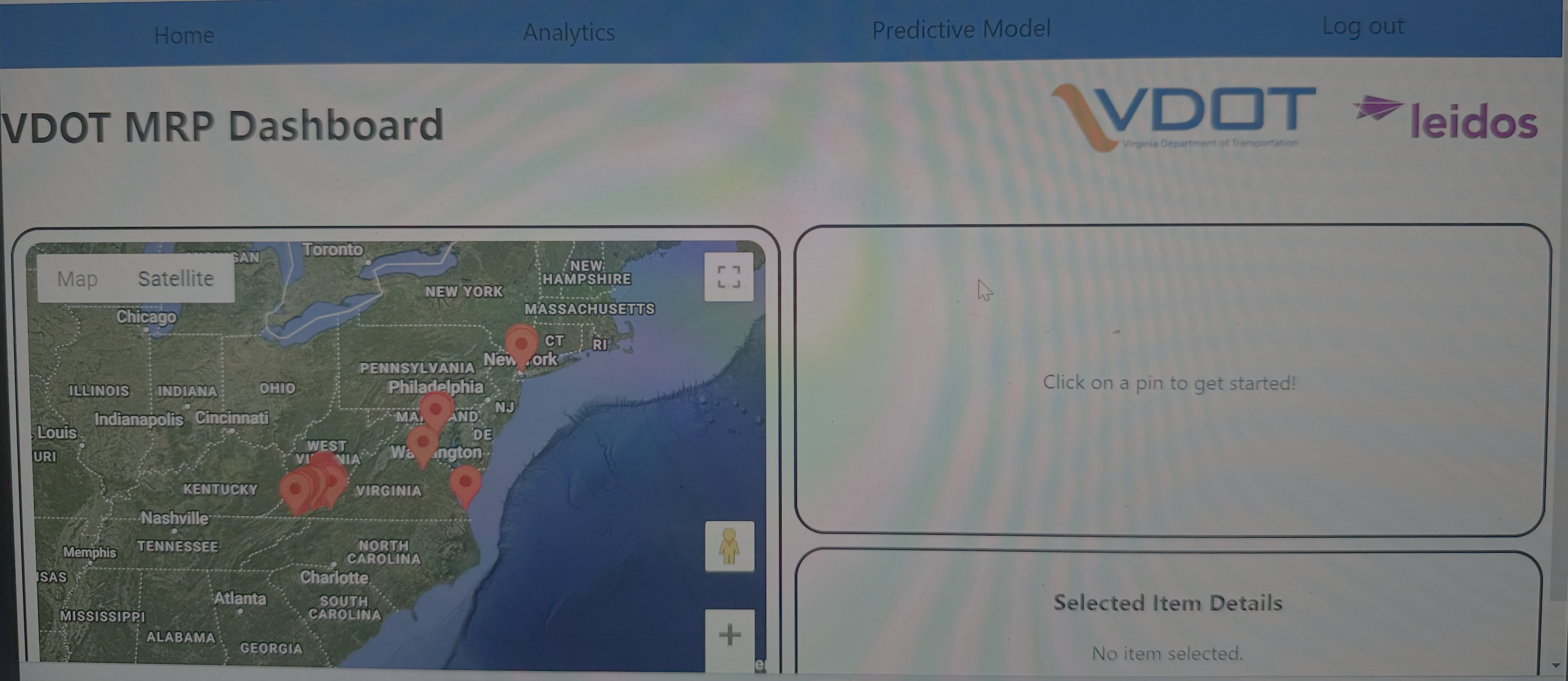 Early VDOT MRP dashboard running in a development environment: a map view with default browser-style pin markers and a plain, unstyled side panel showing raw inspection data without visual hierarchy or branding.