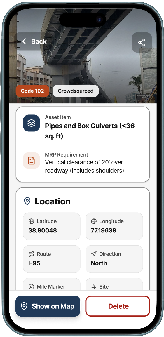 Record details screen with photo, MRP requirement, and geolocation