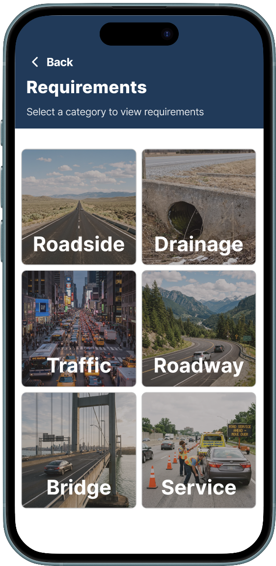 Category selection — Roadside, Drainage, Traffic, Roadway, Bridge, Service