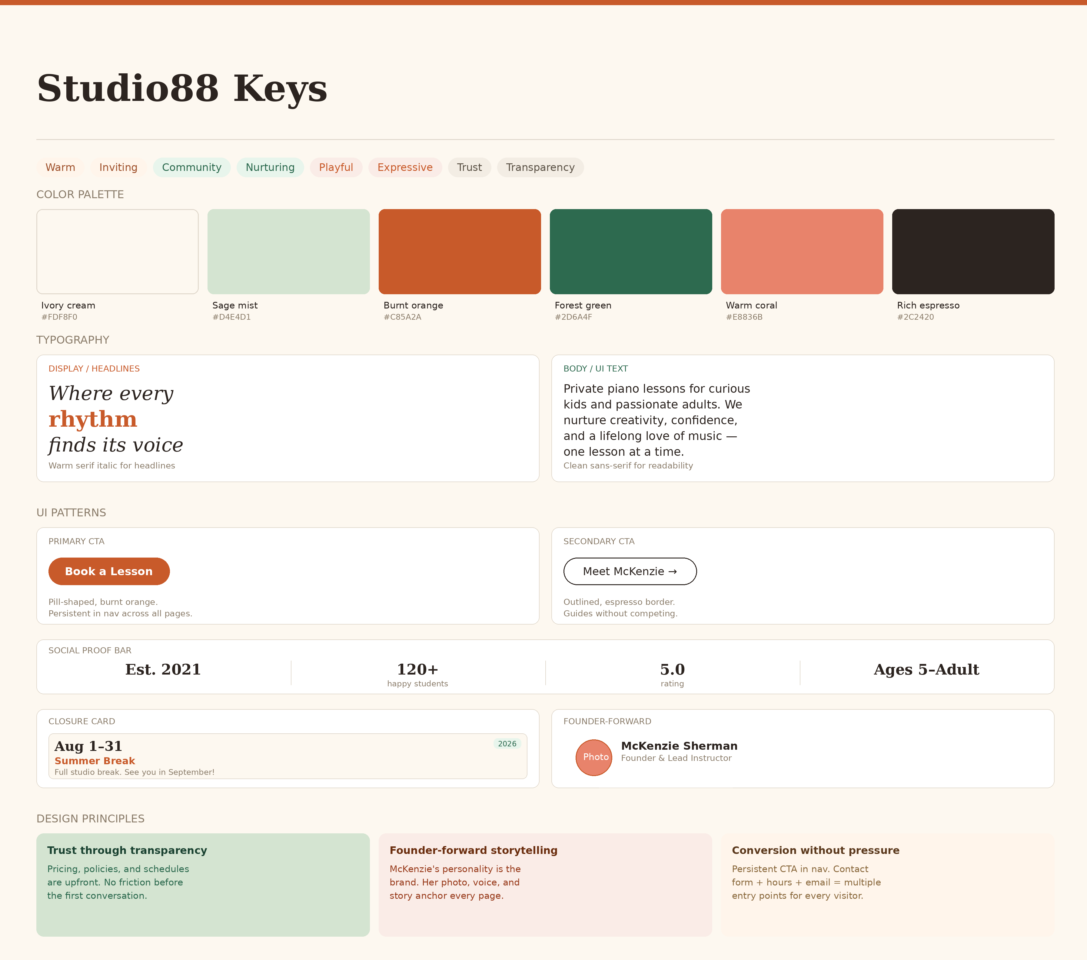 Studio88 Keys moodboard including typeface selections, color swatches, and reference imagery establishing the brand's warm, elevated visual identity